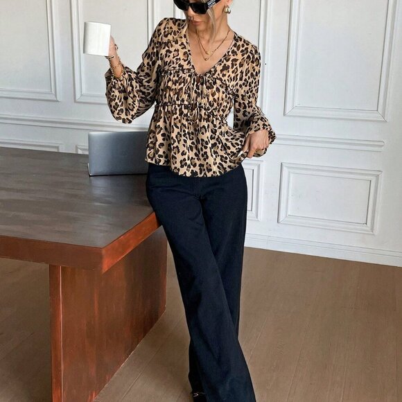 Multicolor Casual Women's Front Tie Long Sleeve Leopard Print Shirt - Picture 3 of 7